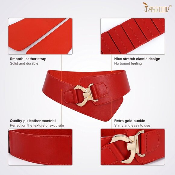 Women\'s Wide Elastic Stretch Waist Belt Adjustable Dress Belt Matte Red Gold main image 4